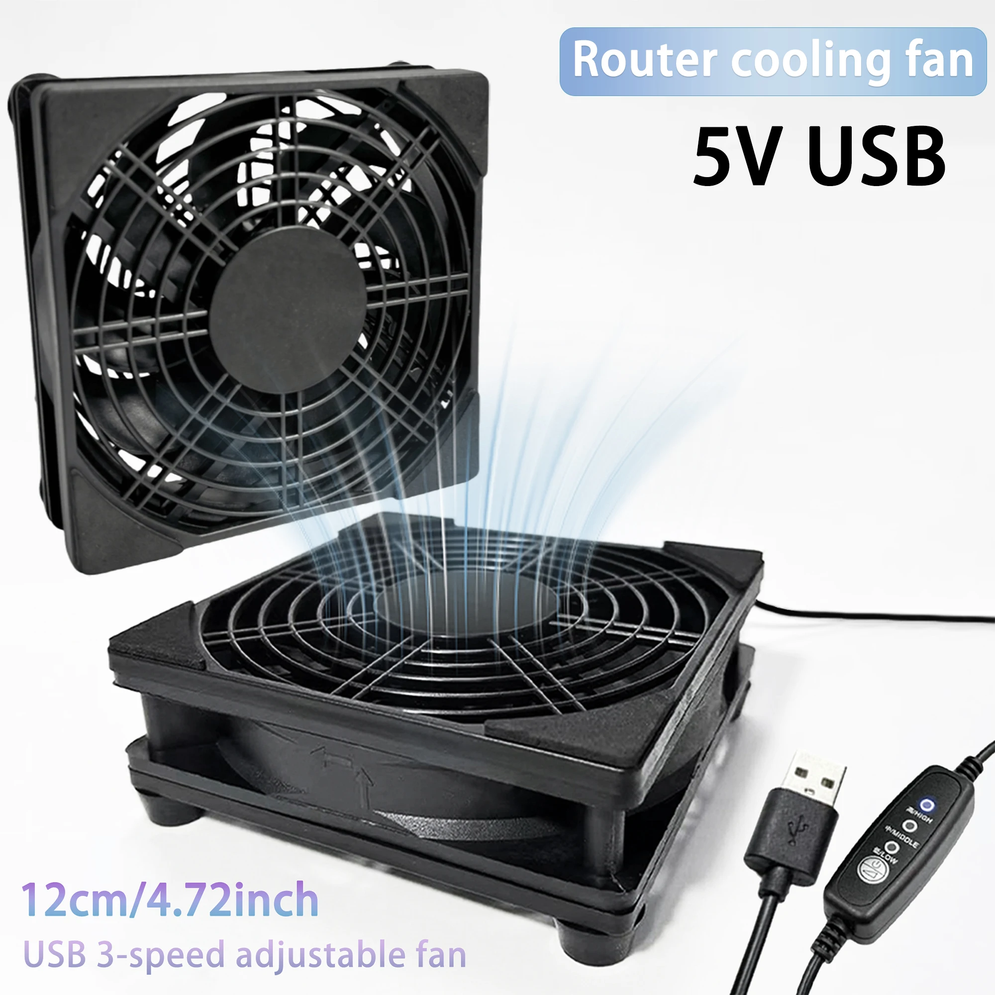 120mm 5V USB Router Cooling Fan 3-Speed Adjustable Quiet Cooler for Modem TV Box PS5 Xbox Heat Dissipation