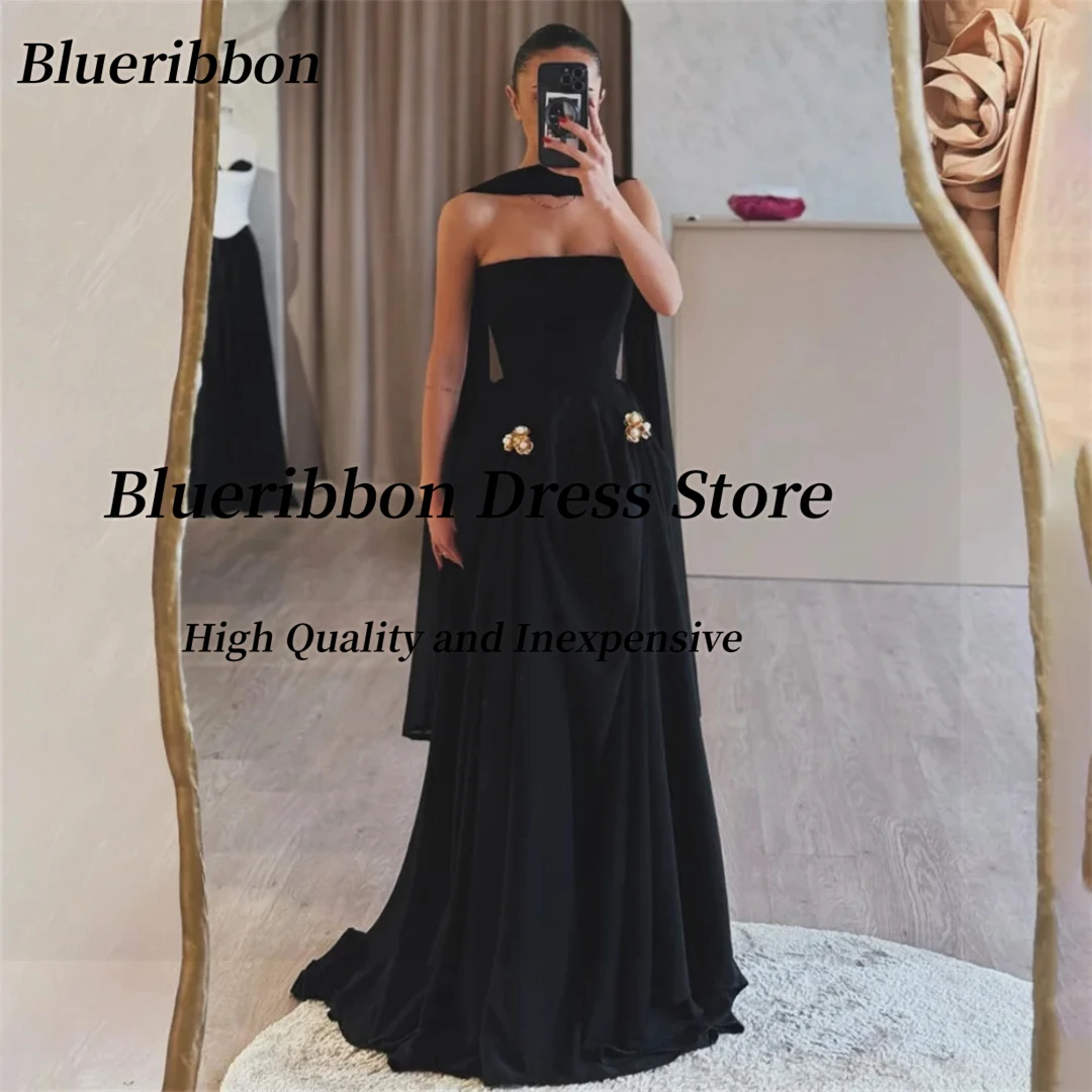 Blueribbon vestidos de baile preto sem alças ouro flores decoração vestido de festa de casamento longo ruched vestidos formais de noite personalizados