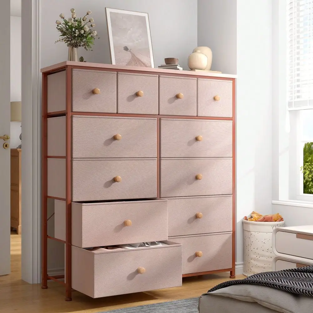 

Dresser For Bedroom With 12 Fabric Drawers, Tall Dresser With Wooden Top Metal Frame, Bedroom Dresser, Dressers Chests Of Drawer