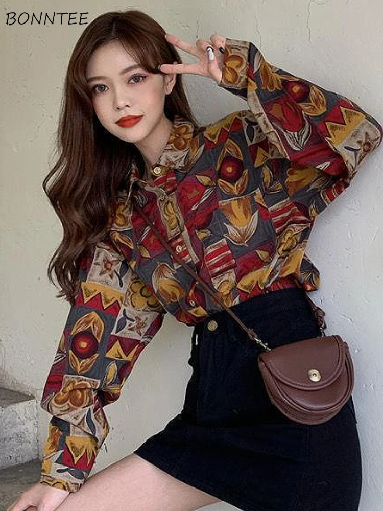 

Рубашки для женщин с принтом, винтажные повседневные свободные топы с длинными рукавами, мягкая праздничная эстетичная одежда, модные универсальные майки De Mujer