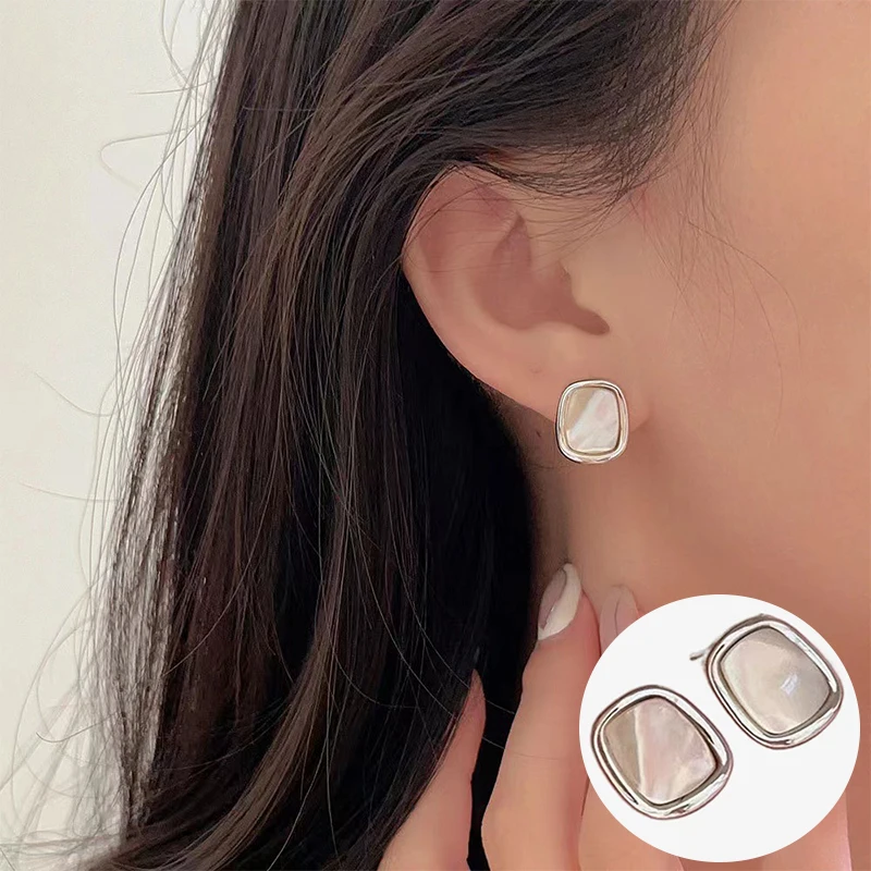 

100% 925 Sterling Silver Shell Geometric Earrings for Women Girl Simple Fashion Square Design Jewelry Birthday Gift Dropshipping