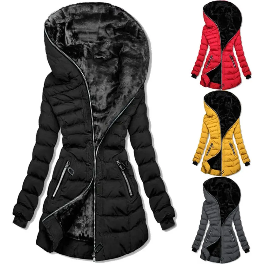 

Women's Hooded Long-Sleeved Cotton-Padded Jacket Warm Fleece-Lined Mid-Long Zipper Winter Outerwear by