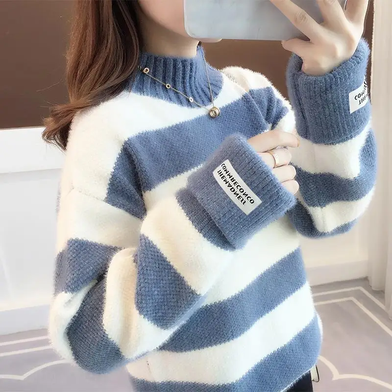 

Half High Collar Thicken Warm Striped Sweater Non Shedding Imitation Mink Velvet Sweater Loose Casual Patchwork Female Sweater