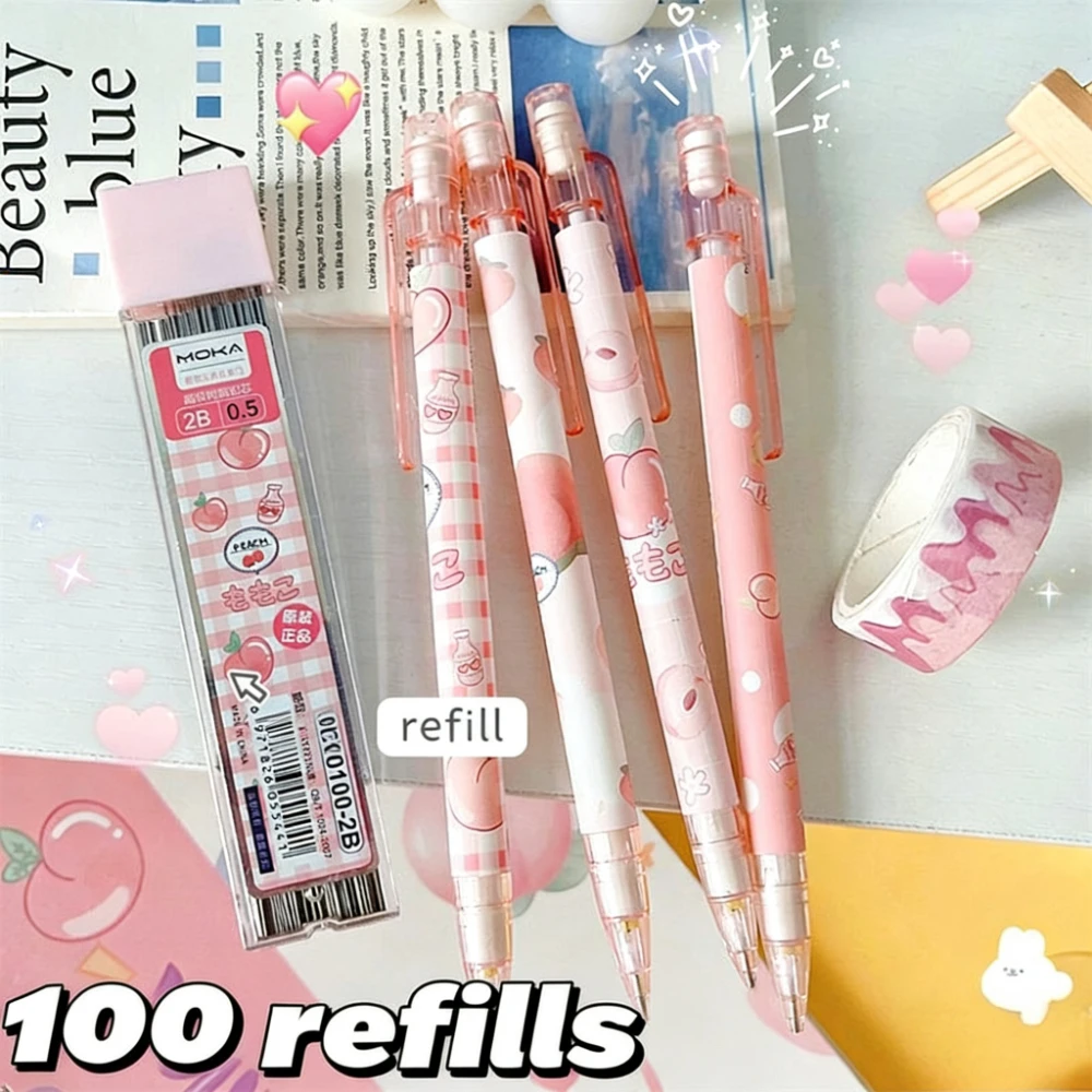 Cute Mechanical Pencil Set 0.5mm 4Pcs HB Automatic Pencil  & 1 Tube Refill for Student Writing Drawing and Sketching Kids Gift