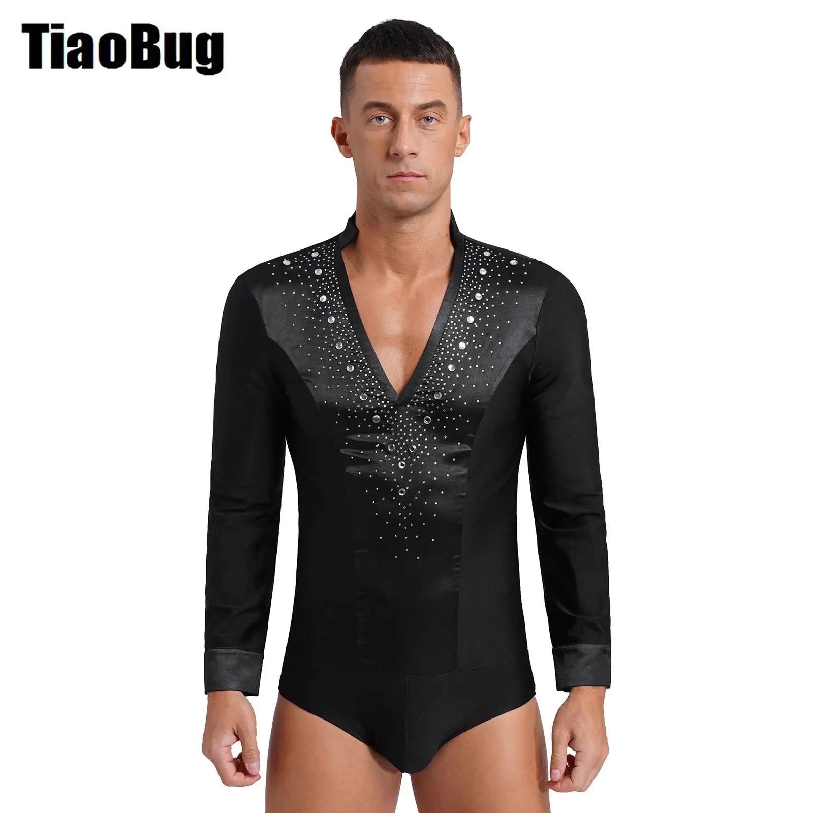 

Mens Glittery Rhinestones Latin Dance Leotard V Neck Long Sleeve Satin Patchwork Bodysuit for Figure Skating Stage Performance