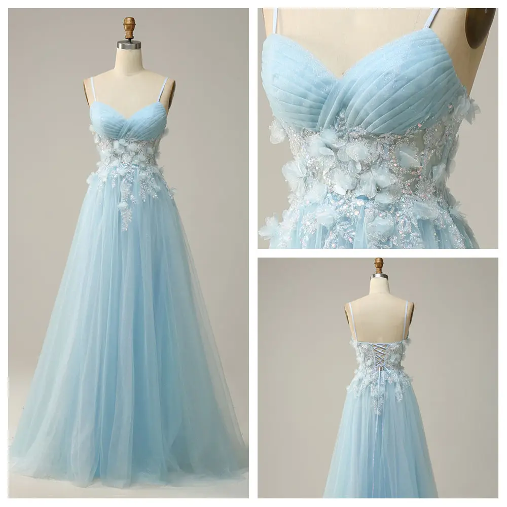 

Customized A-line Evening Dresses spaghetti strap Sweetheart Long Prom Gown Sequined Beading Lace Appliques Pleat birthday Dress