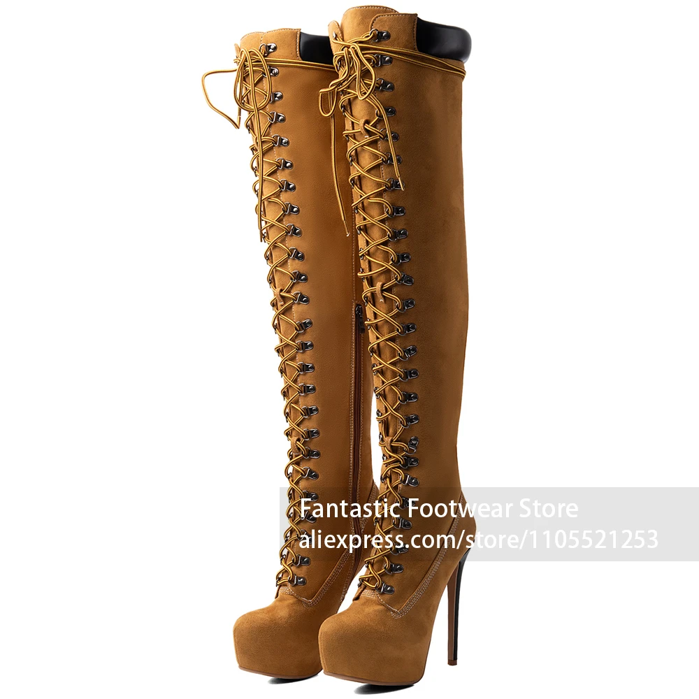 Tan Camel Faux Suede Upper Boots Full Front Lace-Up With Metal Eyelets Platform Over The Knee Boots Western Retro Street Style
