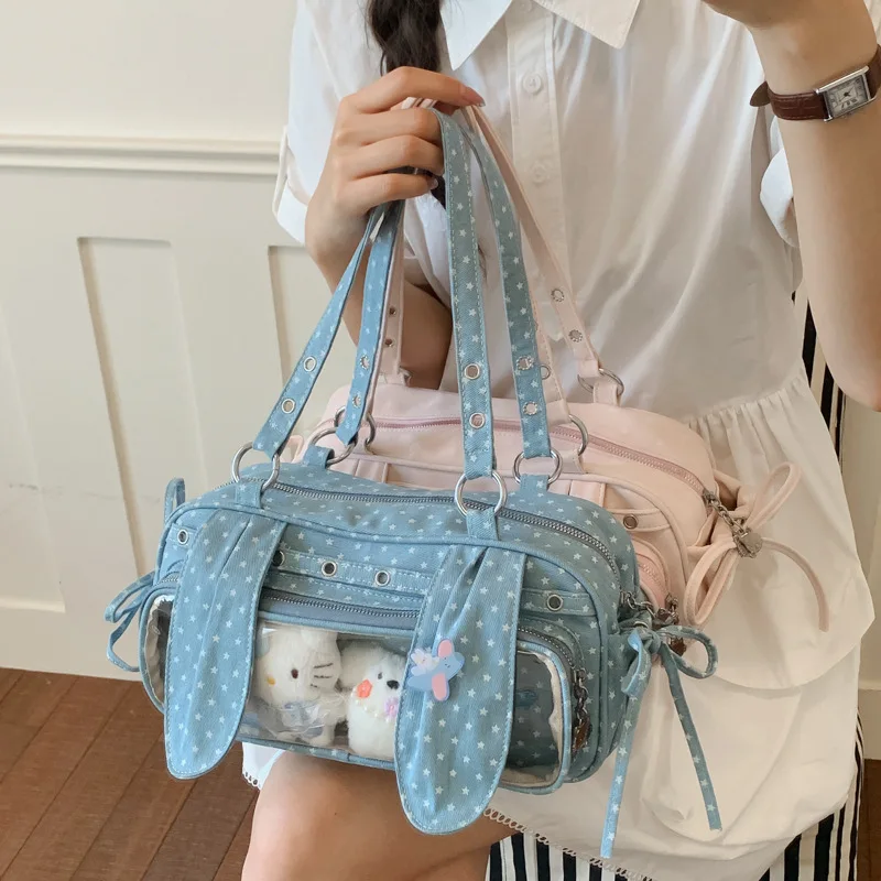 Polka Dot Boston Ita Bag Cute Bunny Ears Fashion Top Handle Underarm Shoulder Bag for Schoolgirl Personality Versatile Handbag