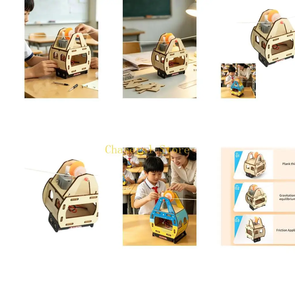E7CE DIY Electric Cable Car Science Model Wooden Motor Powered Assembly Set for Kids and Students, STEM Project for Home