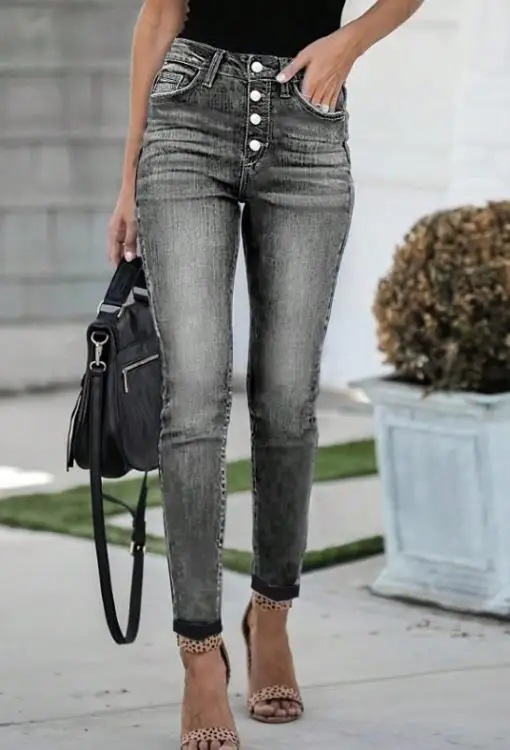 

Summer Classic Fashionable Versatile Washed Outdated Solid Color High Waist Single Breasted Tight Fit Small Leg Jeans