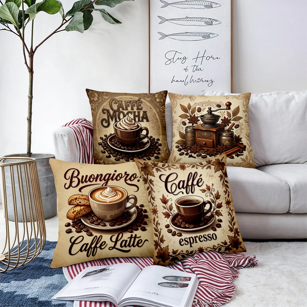 4pc Vintage Coffee Themed Throw Pillow Covers Set of 4  Retro Cafe Style Cushion Cases for Home Sofa Decor