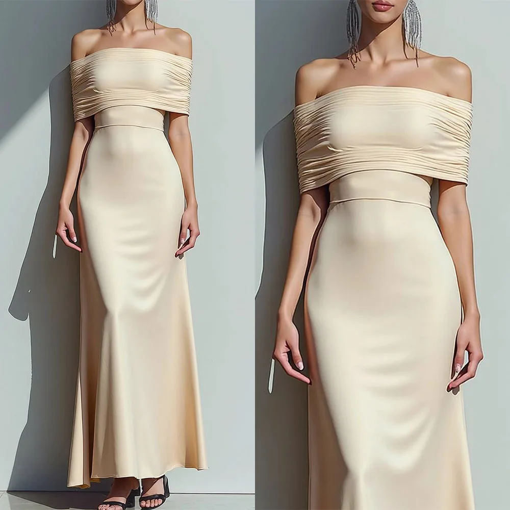 

High Quality Customized Strapless Pleat Off Shoulder Ankle Length A-line Vestidos Para Bodas Mujer Invitada فساتين سهره Robe