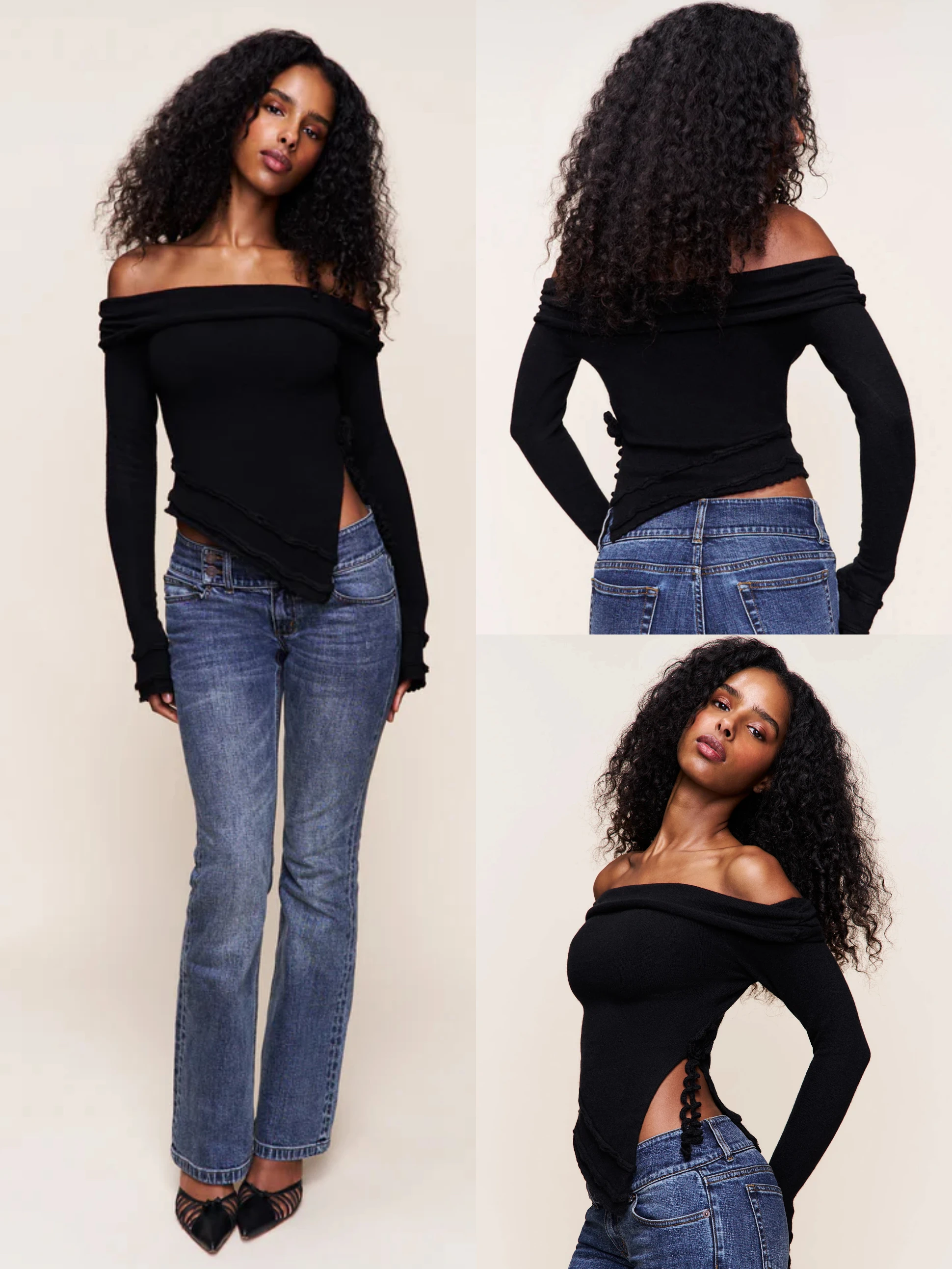 

Guizi Autumn and Winter Folded Shoulder Knit Top Soft Elastic Black Sweater Handmade Rose Decoration Design Irregular Hem Slit Sexy Autumn Sweater Fashionable Versatile Winter Wool Sweater