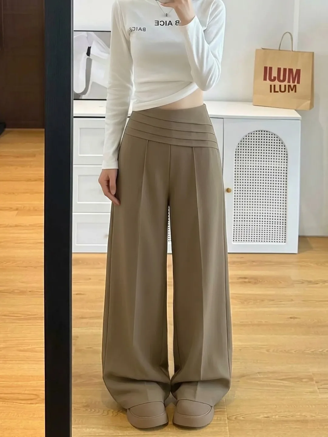 High Waist Pleated Wide Leg Pants Korean Style Multi-Layer Waist Head Smooth Loose Slimming Straight Casual Trousers