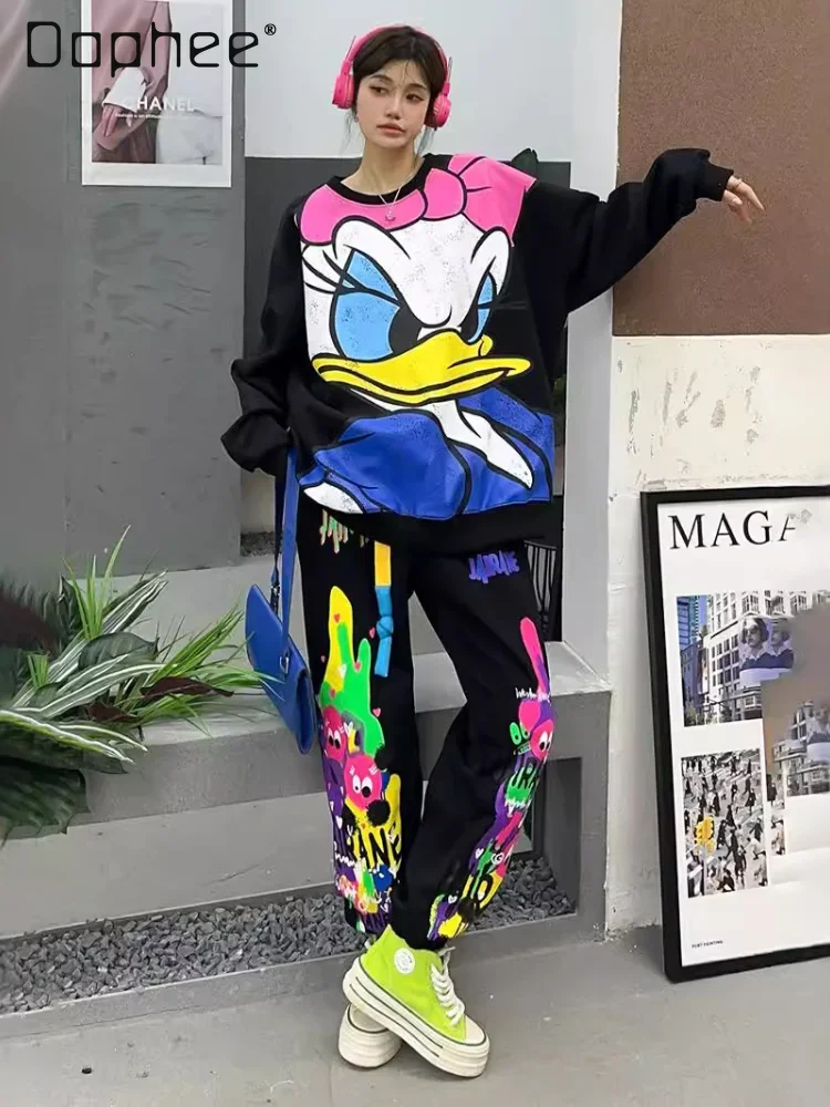 Fashion Casual Exercise Suit Graffiti Cartoon Duck Oversized Sweatshirts Female Loose Sweatpants Two-Piece Sets Womens Outifits