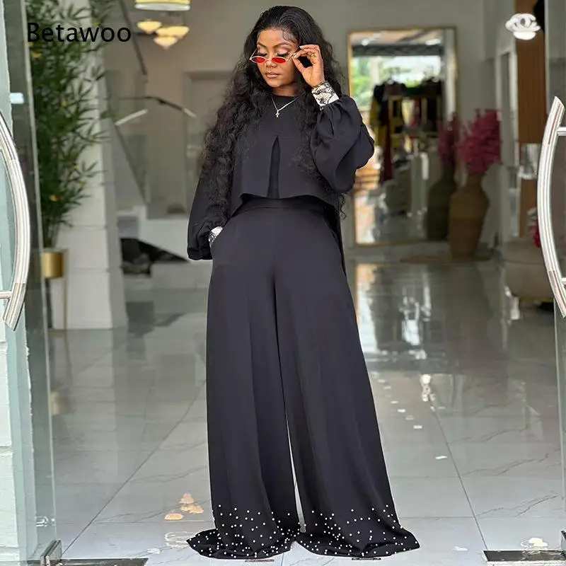 Women Solid Two Piece Matching Set Mock Neck Batwing Sleeve Crop Top Pearl Beaded Hem Wide Leg Pants Co Ord Outfit
