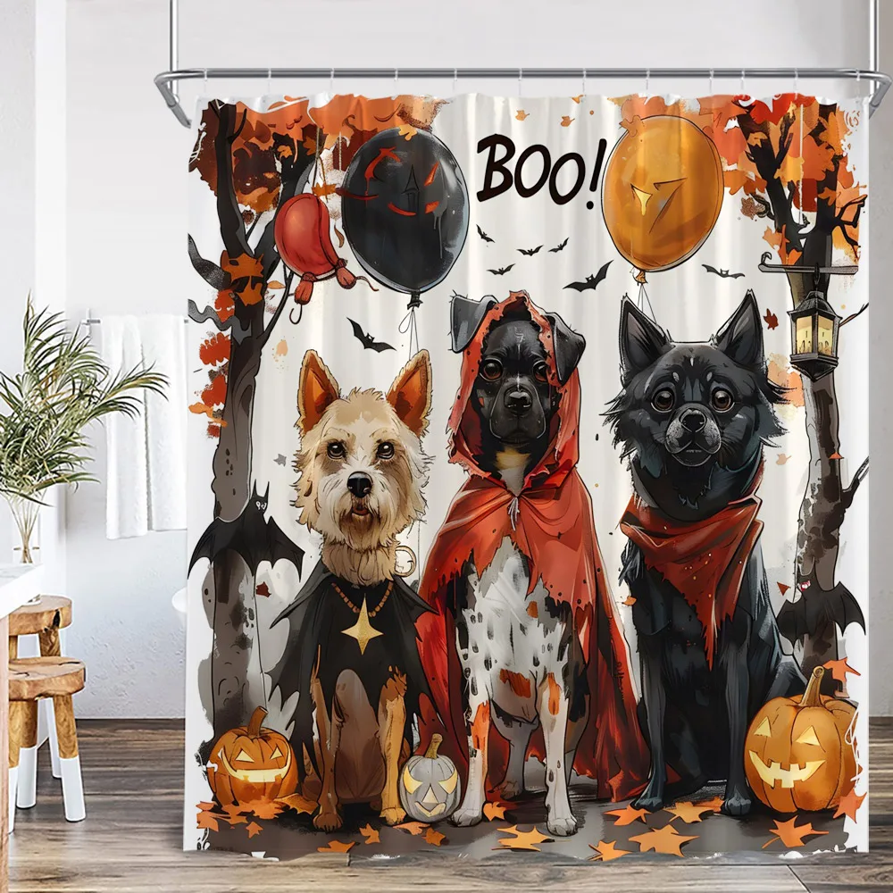 Funny Skeleton Happy Halloween Shower Curtain Ghost Black Cat Vacation Summer Bath Decor Halloween Polyester Bathtub Curtain
