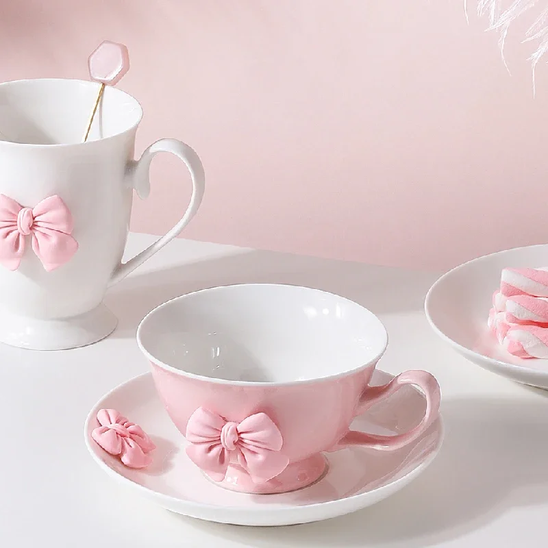 200ML Bow Ceramic Coffee Cup and Saucer Tableware Set Cute Girl Heart Cup and Saucer Set Afternoon Tea Latte Birthday Gift
