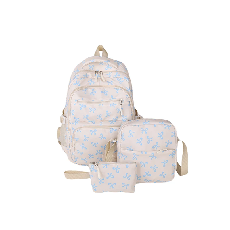 

3Pcs/Set Bow Print Backpack with Crossbody Bag & Small Bag Bow Student Bookbag Simple Backpack for Elementary Middle Kids