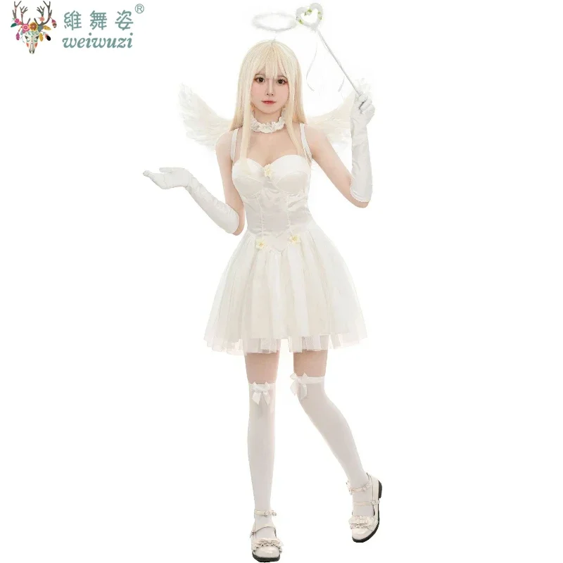 

Halloween Cosplay Cute Little Elf Angel Dark Angel Costume Feather Wings Halo Fancy Dress Adult Party White Flower Fairy Costume
