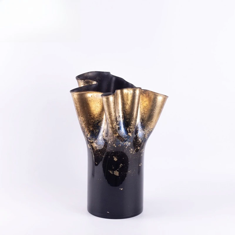 Light luxury modern black and silver vase bottle mouth lace design sample living room decorative glass vase fruit plate