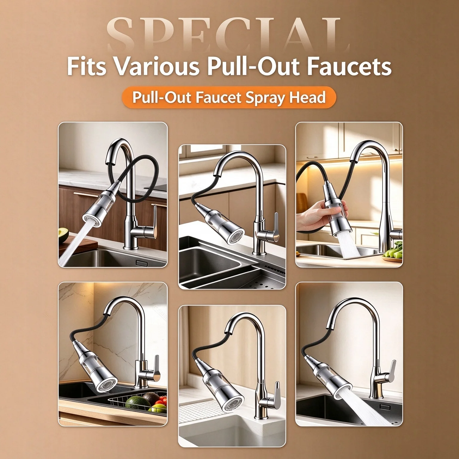 Kitchen Sink Pull-out Faucet Stainless Steel Filter Replacement Head Universal Rotating Anti-splash Faucet Extender Sprayer