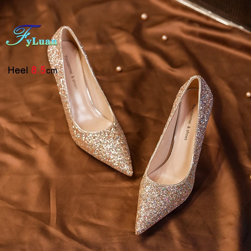 

Women Fashion Sequined High Thin Heel Wedding Bridal Shoes Luxury Stiletto Shoes 8.5 CM Sexy Nightclub Evening Party Lady Pumps