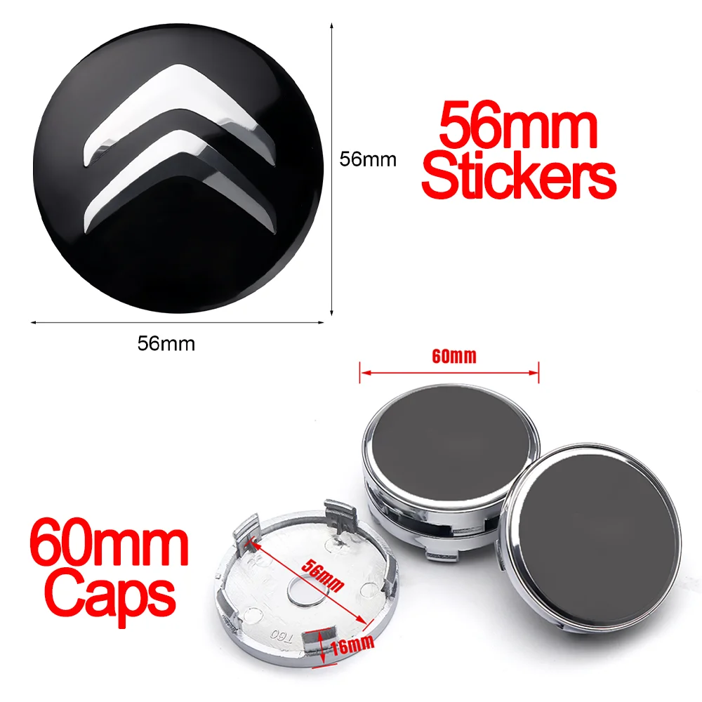 4pcs 60mm schwarz/Silber Metall Emblem Auto Hub Caps Dekoration Styling Autozubehör für Citroen C1 C3 C4 C4L C6 C5 VTS C-ELYSEE