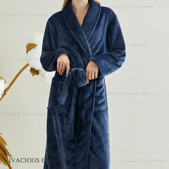 New Flannel Long Robe Home Dress Autumn Winter Thicken Warm Bathrobe Kimono Gown Sleepwear Loose Casual Coral Fleece Loungewear view 5