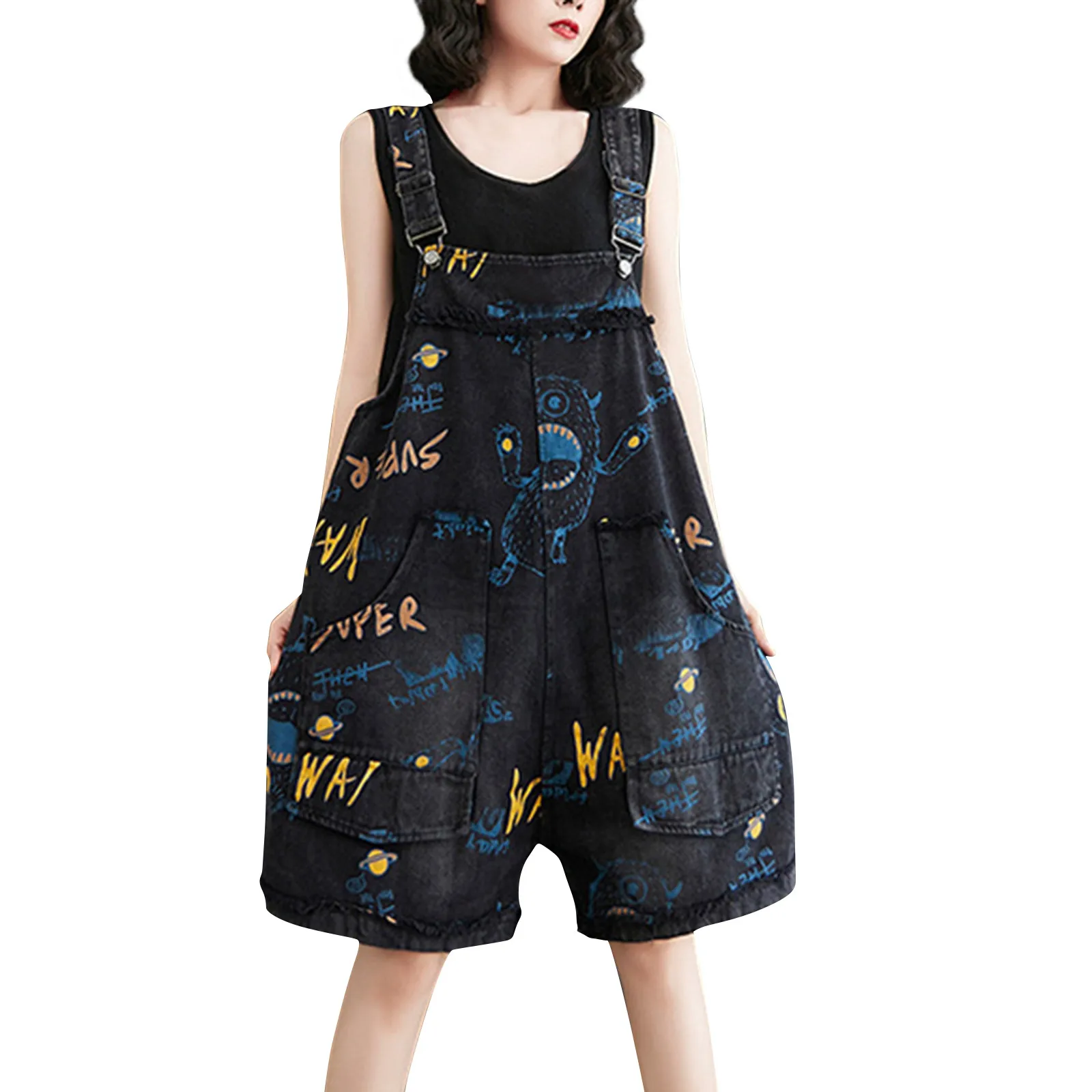 จั๊มสูทขาสั้นของผู้หญิงแฟชั่นหลวมขากว้างแนววินเทจการ์ตูนกราฟฟิตี้มีสายคาดผ้าเดนิมสำหรับฤดูร้อนใส่ได้ทุกวัน