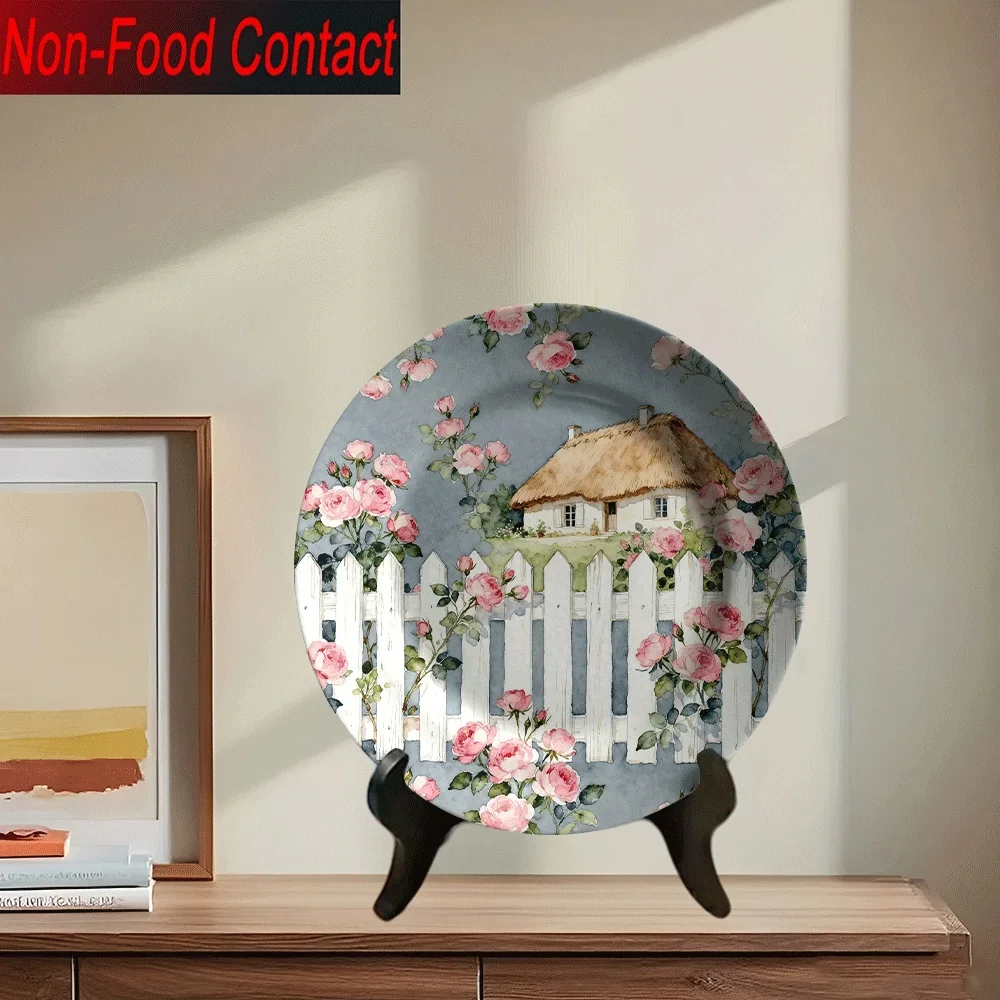 2D Flat, 1pc Ceramic Decorative Plate, Non-Food Contact, Pastoral Rose White Fence Cottage Pattern Home Tabletop Art Ornament