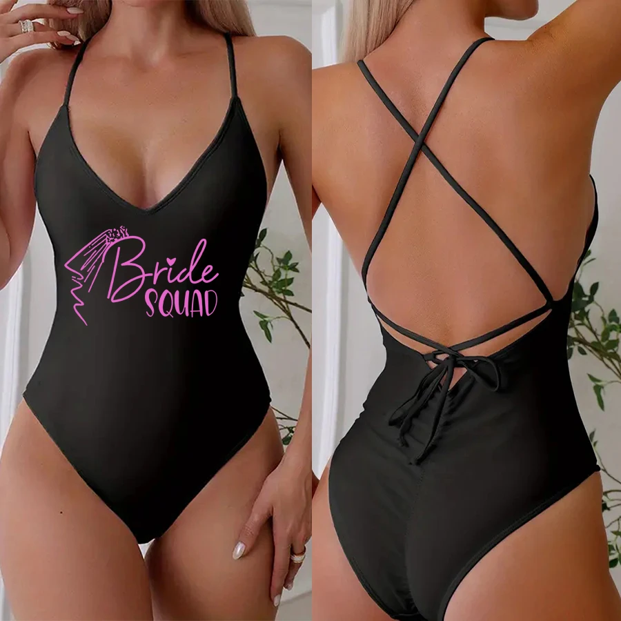 Veil Padded One Piece Swimsuit BRIDE SQUAD Letter Print Swimwear Women Bikini Bathing Suit Summer Bodysuit Backless monokini