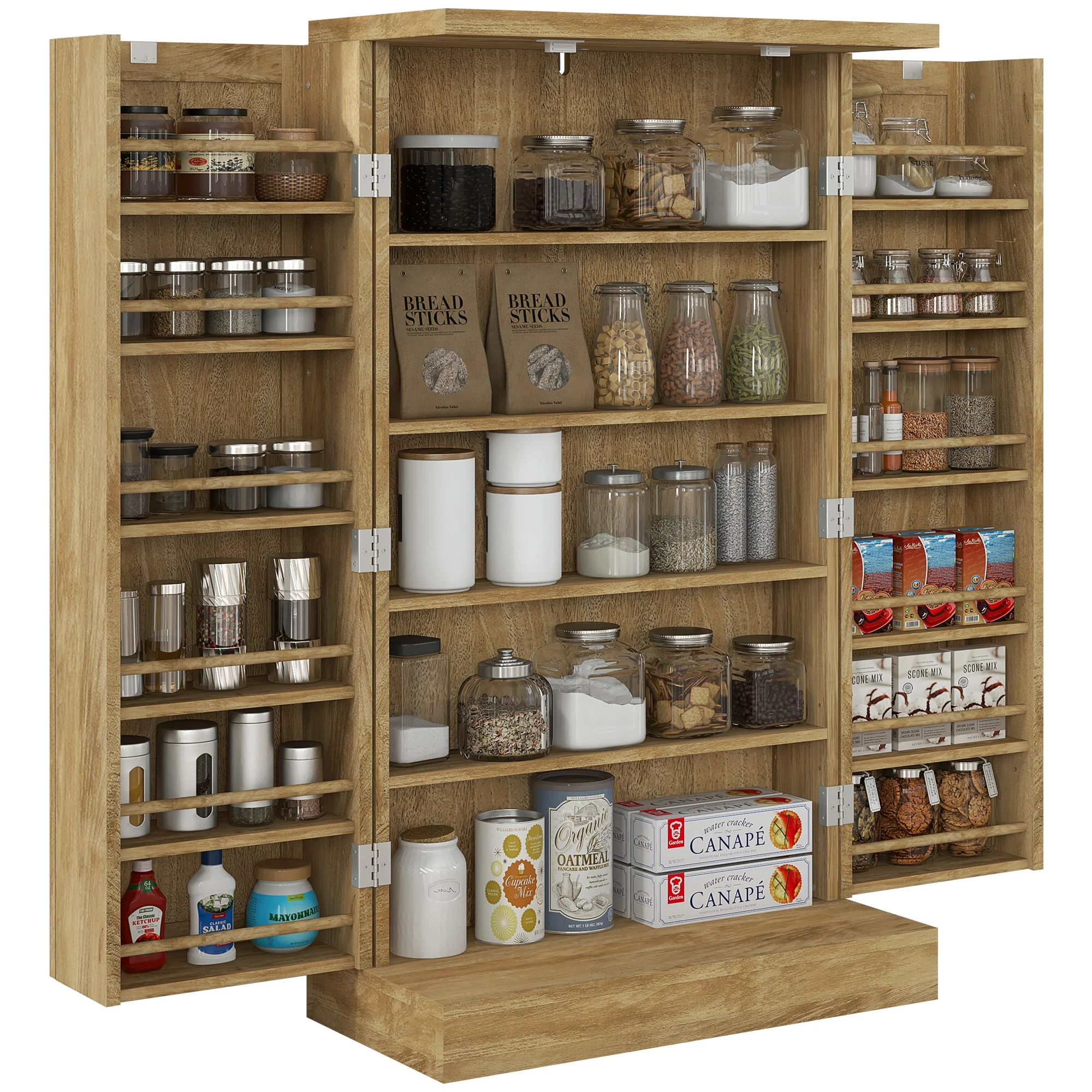 HOMCOM Armario Despensa Cocina con 2 Puertas de Ratán y 16 Estantes Alacena Moderna con Estantes Ajustables 60x30x104cm Natural
