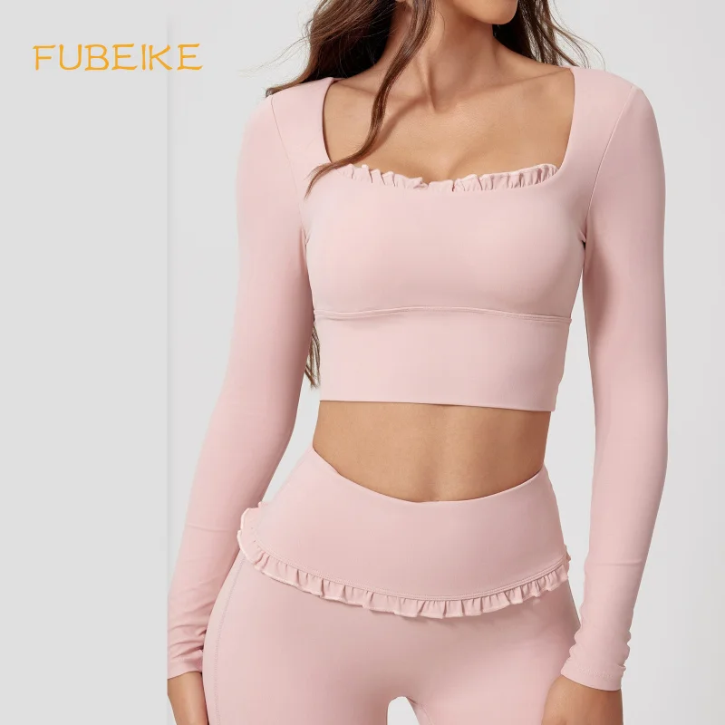 

FUBEIKE Sea Shell Pink Quick-Drying Sports shirt ladies Fitness Sports Long-Sleeved Square Collar Tight Outer Wear With Chest