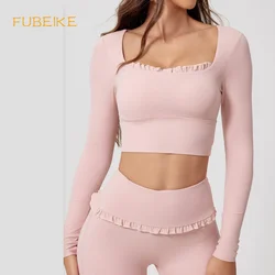 FUBEIKE Sea Shell Pink Quick-Drying Sports shirt ladies Fitness Sports Long-Sleeved Square Collar Tight Outer Wear With Chest