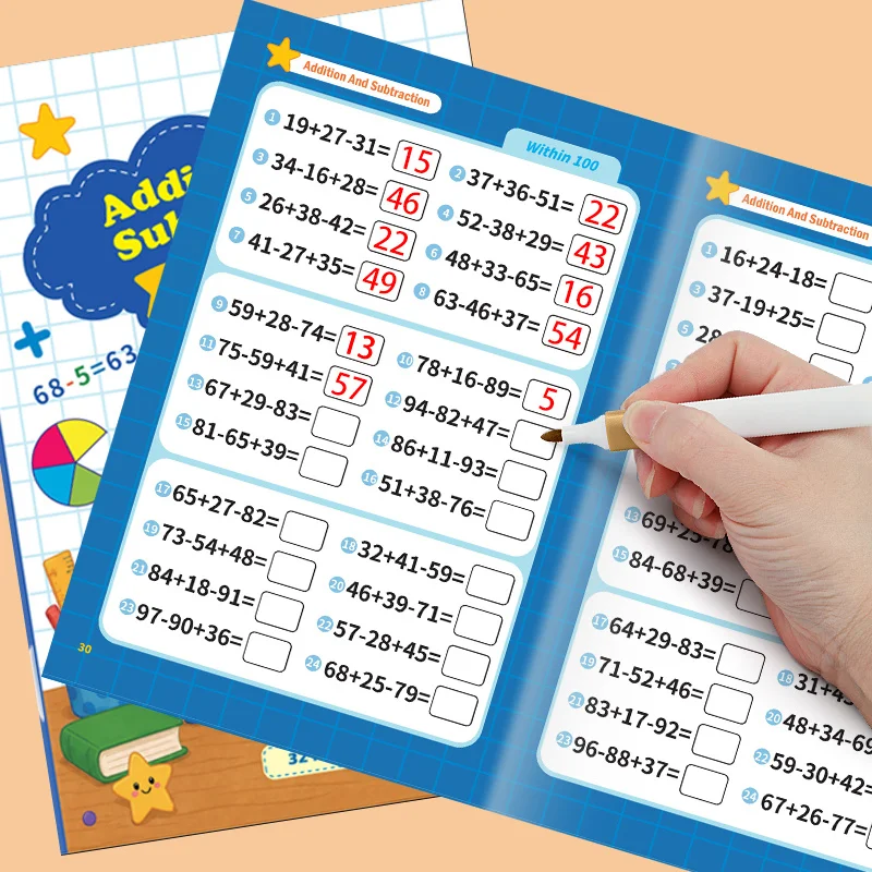 A 32 Page Arithmetic Exercise Book for Addition and Subtraction Within 100, Math Oral Calculation, English Arithmetic Problems