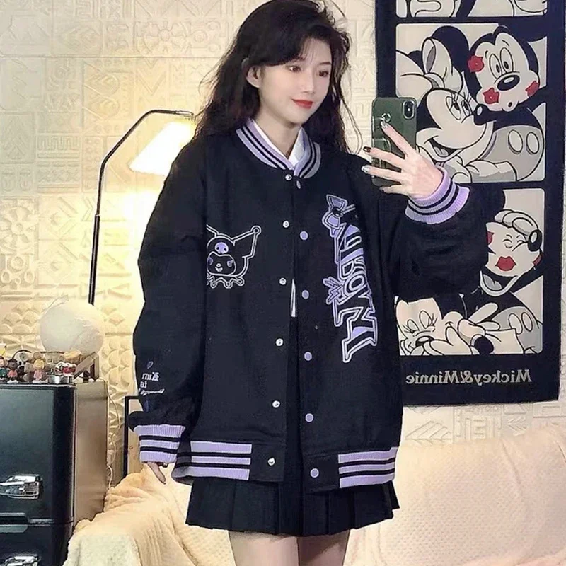 Anime Kuromi Girls Y2K Baseball Jersey Sanrioed Cartoon Women Black Retro Clothes Girls Jacket Autumn Winter Vintage Coat Tops