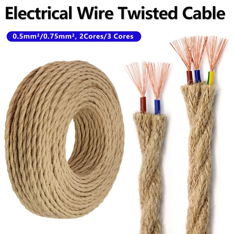 3/5/10m Twisted Cable Hemp Rope Electrical Wire 2/3Core 0.5/0.75mm² Retro Style Copper Vintage Cord Braided Wire Pendant Light