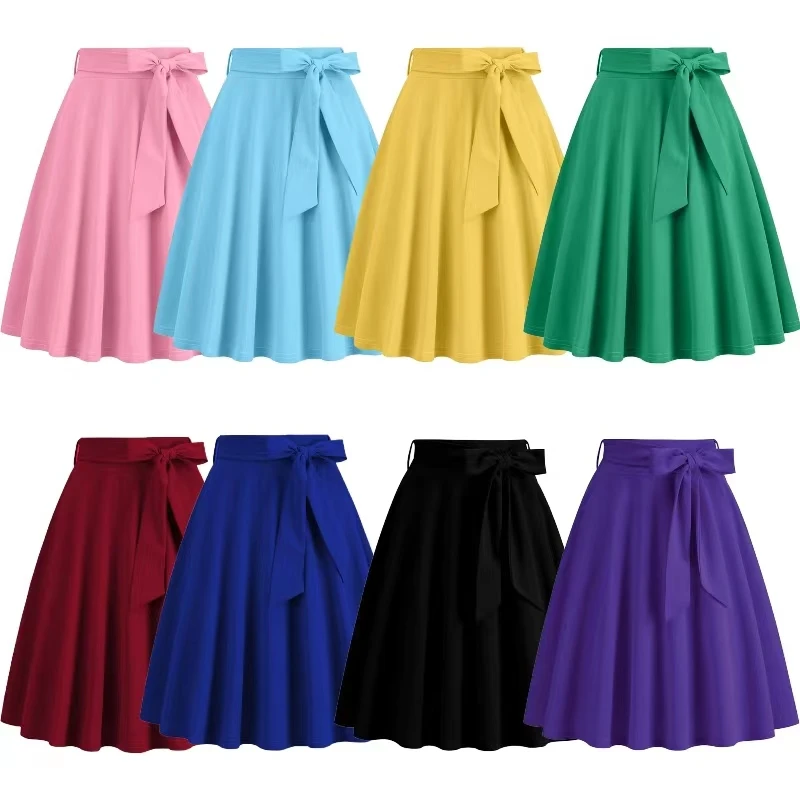 Retro Hepburn Style Midi Skirt for Women Trendy Large Flounce Belted High Waist Polyester Fiber A-Line Pure Color Skirt