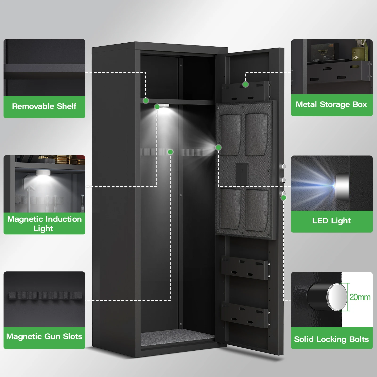 kavey Gun Safe with Removable Shelf and 3 Magnetic Gun Slots, Unassembled Large Gun Safe with Magnetic Induction Light