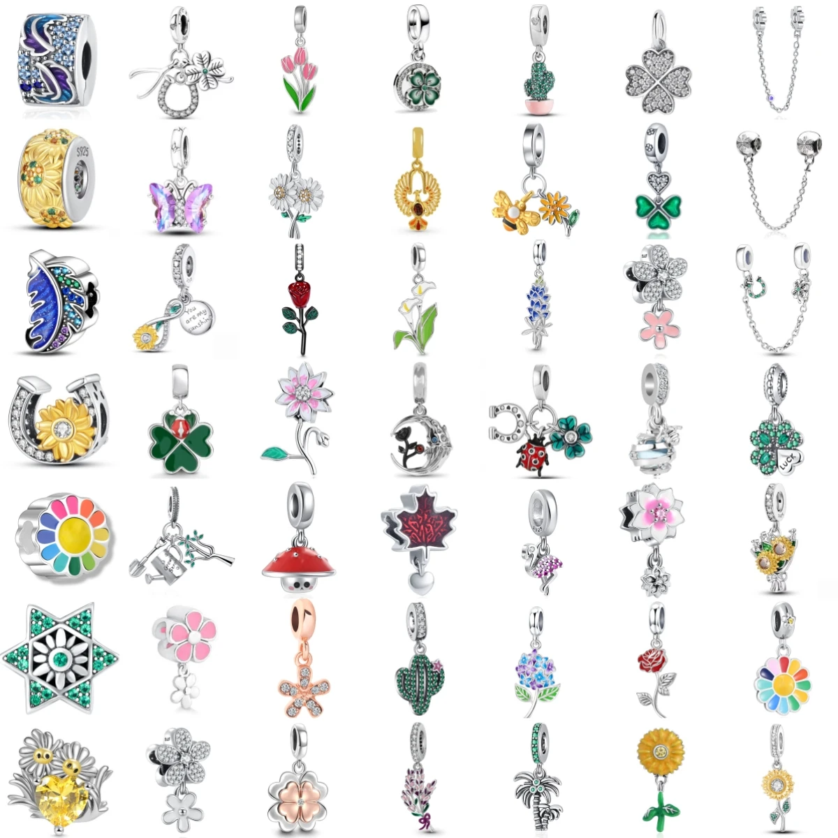 925 Sterling Silver Four Leaf Clover Sunflower Rose Cactus Butterfly Maple Leaf Ladybug Flower Pendant DIY Lucky Gift