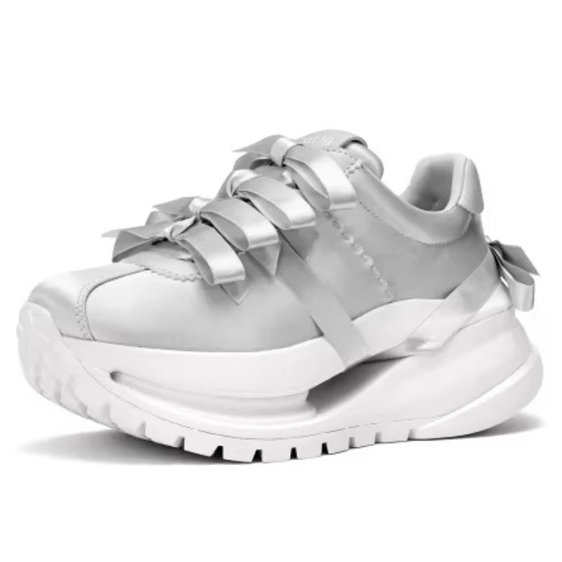 

Bow Ribbon Silvery White Dad Shoes for Women's Genuine Leather Silk Cloth Chunky Sneakers Height Increasing Casual Sports Shoes