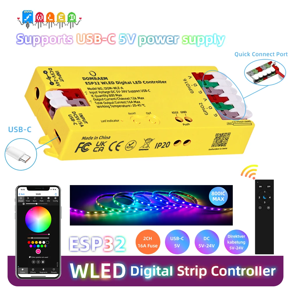 

DOMRAEM ESP32 WLED USB-C Addressable LED Controller ~0.5W Standby for WS2811/14/05 DIY Projects, MQTT Alexa Smart Home Control