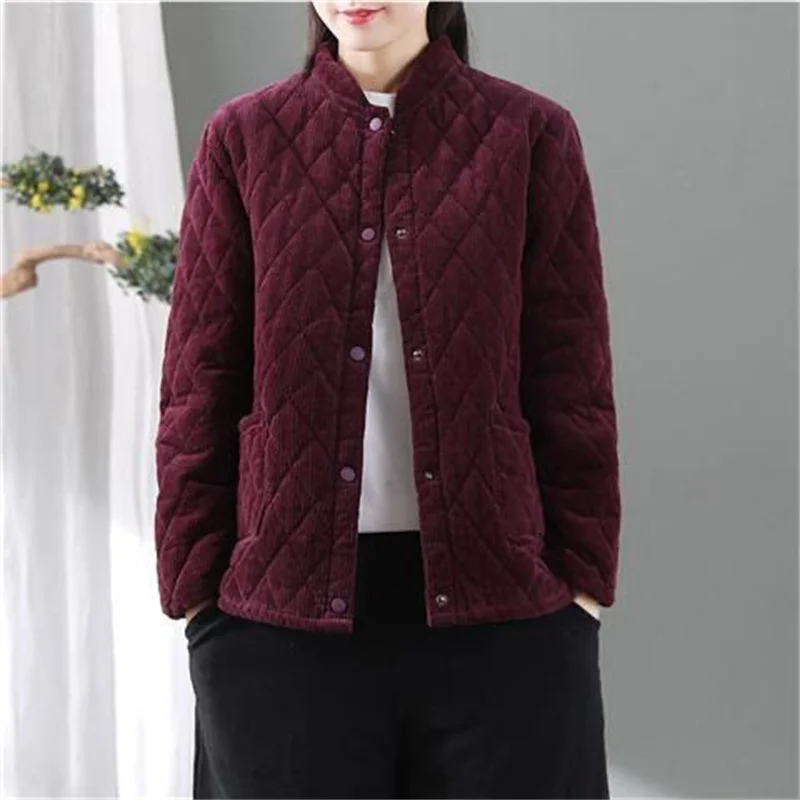 Autumn Winter Corduroy Cotton Padded Jacket Women Retro Loose Stand Collar Cotton-padded Jacket Female Diamond Plaid Short Coat