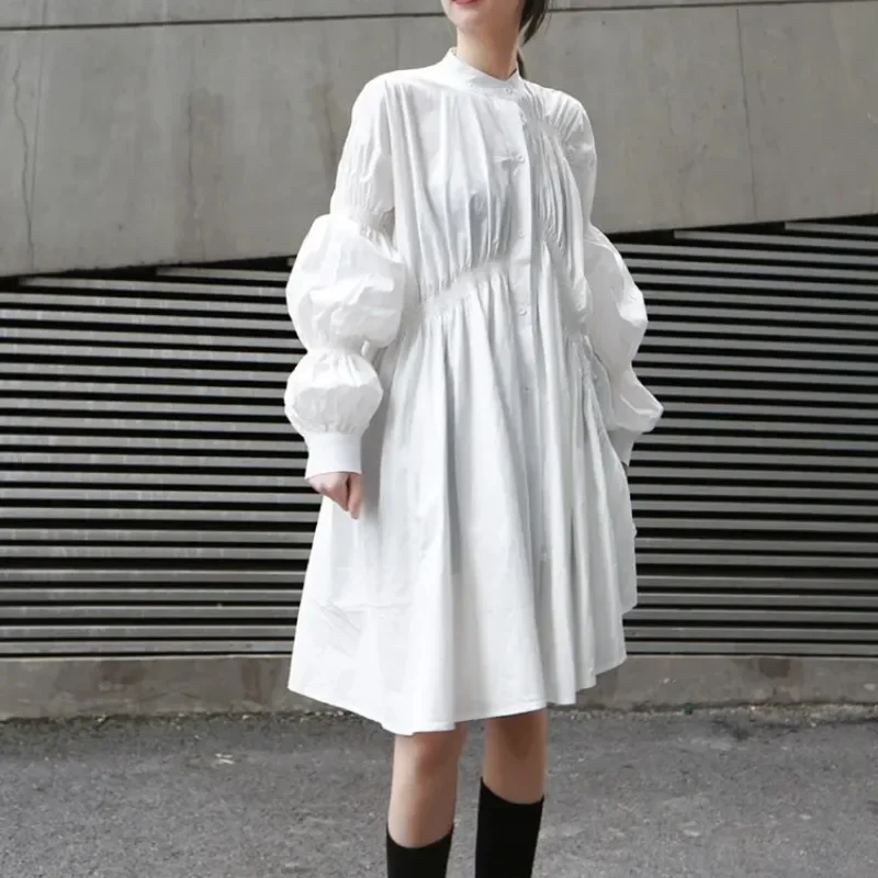 Smile Aen-Robe Chemise Plissée Irrégulière à Manches Lanternes, Tenue Streetwear à la Mode Européenne et Américaine, 2024