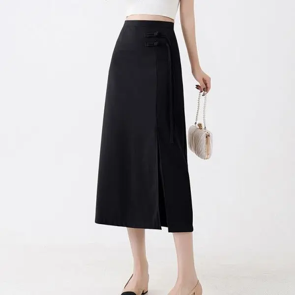 Elegant Black Midi Suit Skirt with Button Design Lightweight National Style for plus Size Women High Waist Poly Fiber