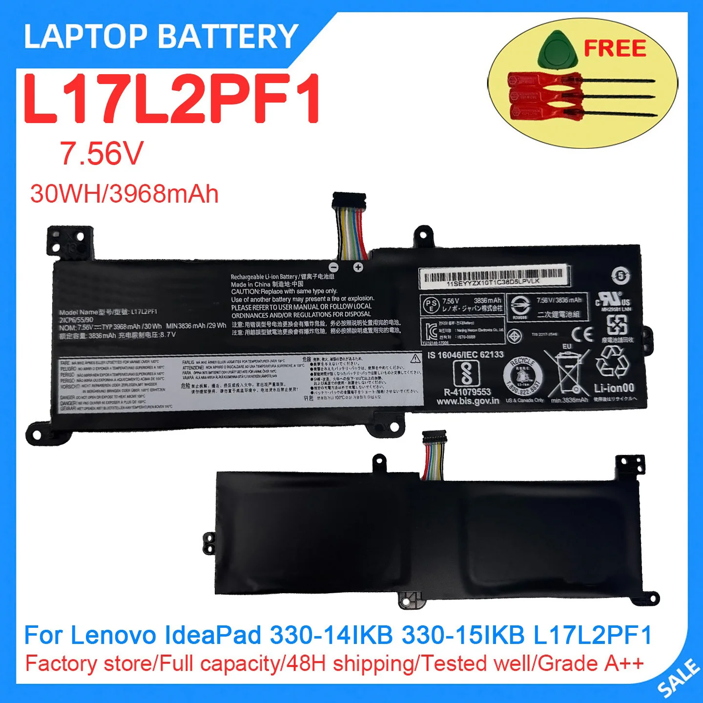 New Laptop Battery L17L2PF1 7.56V 30WH 3968mAh High Quality For Lenovo IdeaPad 330-14IKB 330-15IKB L17L2PF1