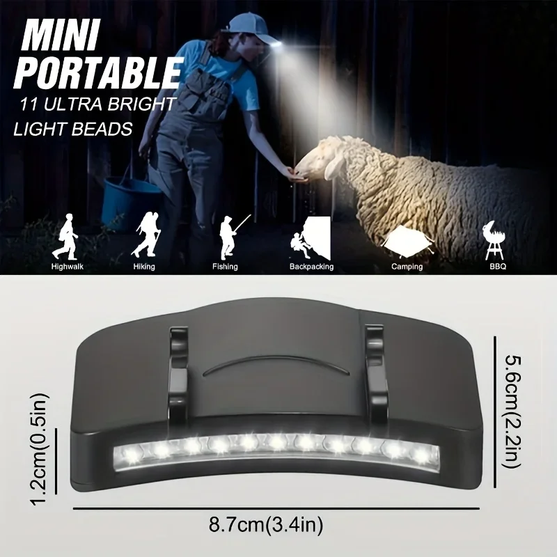 携帯型超高輝度11LEDヘッドランプ、帽子クリップ付き懐中電灯、夜釣り、キャンプ、アウトドアハイキング用、電池式（単三電池3本使用）