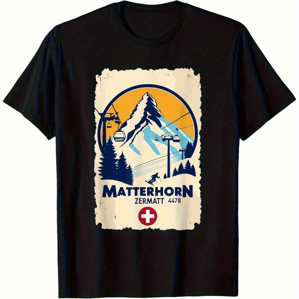 

Matterhorn Zermatt Ski Resort Vintage Alpine Pattern T-Shirt Cotton Moisture-Wicking Fabric Men'S Black Short Sleeve Tee