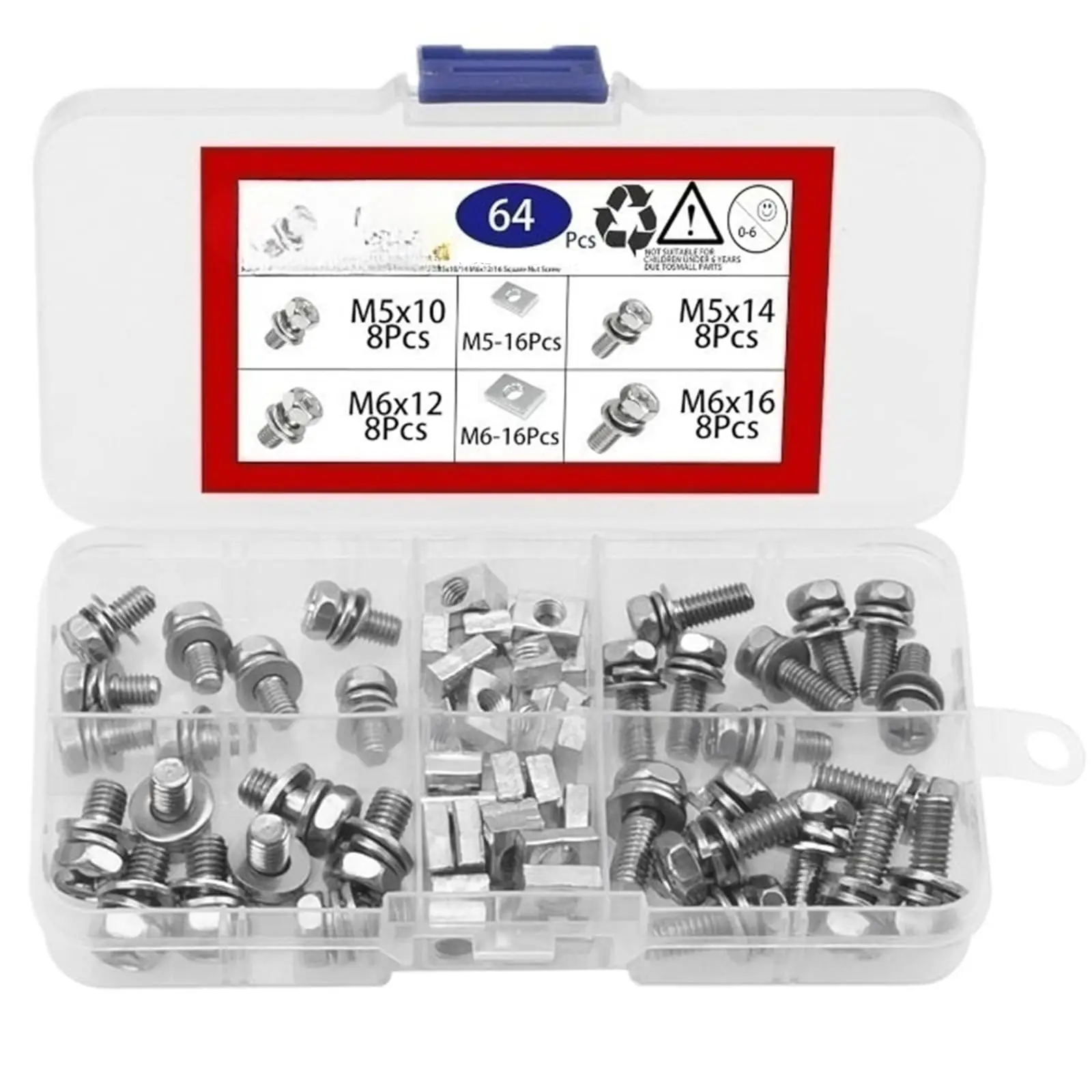 64Pcs/box Stainless Steel Motorcycle Battery Terminal Nut Bolt Sets M5x10/14 M6x12/16 Square Nut Screw Kit for ATV Bike Scooter